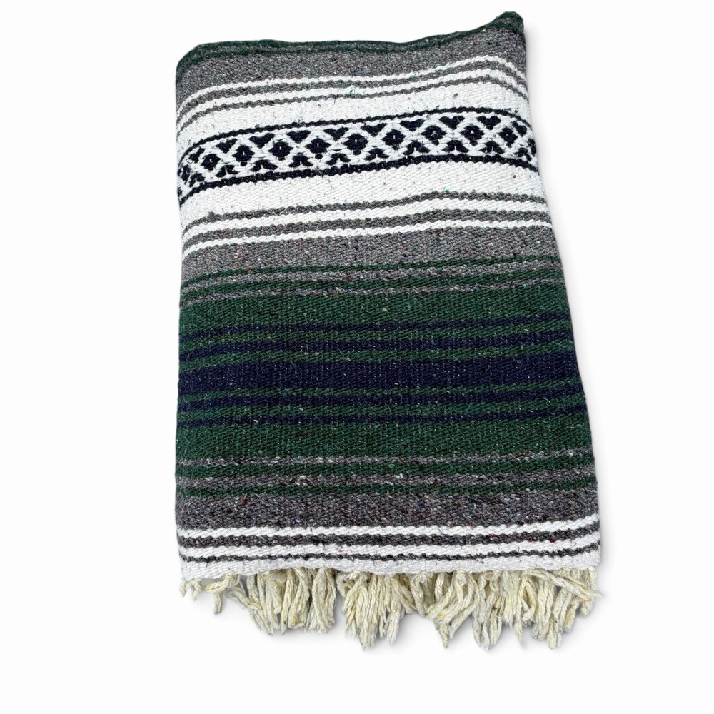 Vintage Woven Mexico Blanket Serape Yoga Falsa Navy Gray Green Throw 52"x72"